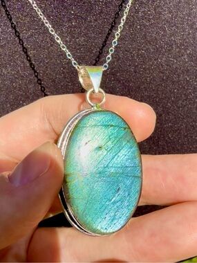 *Video* Rare Sparkly Gray Blue Labradorite Necklace 925 Silver Stamped Pendant